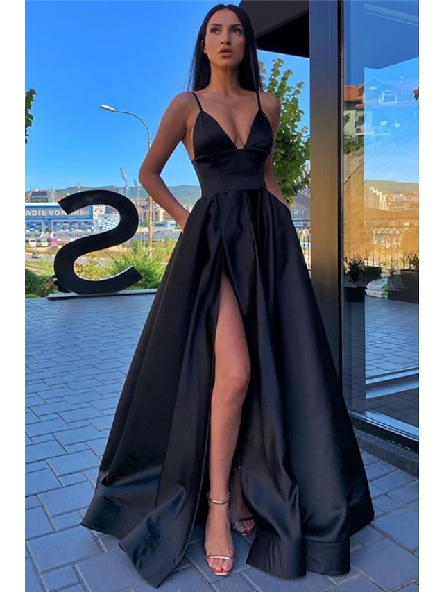  A-Line Prom Dresses Black Dress Dress Wedding Guest Prom Sweep / Brush Train Sleeveless Spaghetti Strap Satin with Pleats Split Front Masquerade Dress 2025