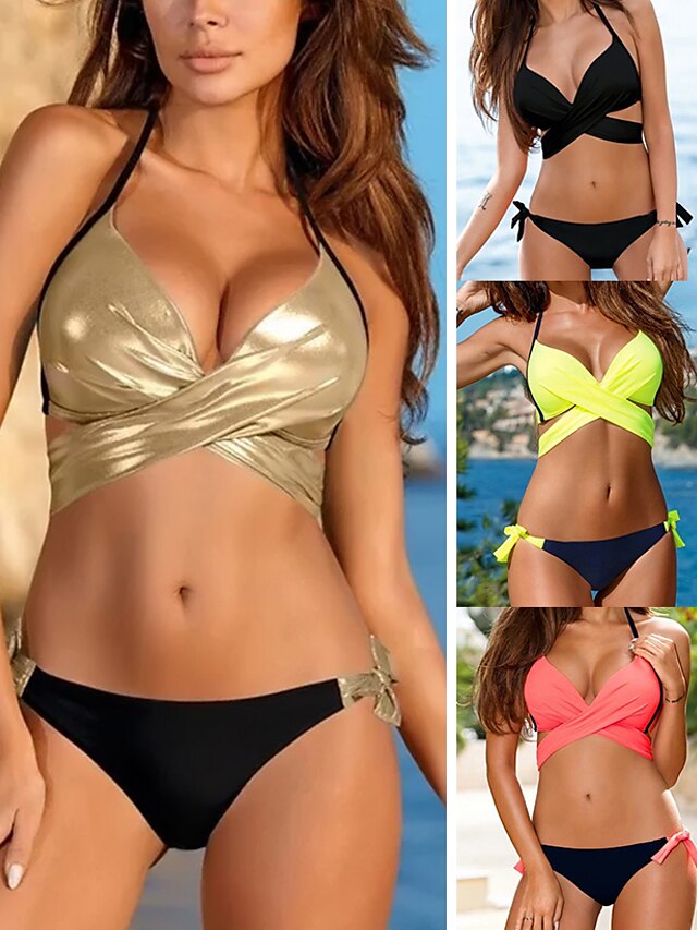 Womens Clothing Womens Swimwear | Womens Swimwear Bikini 2 Piece Normal Swimsuit Backless Criss Cross Color Block Lace up Color 