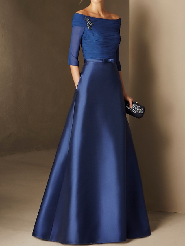  Γραμμή Α Βραδινά φορέματα Κομψό Φόρεμα Αρραβώνας Επίσημο Βραδινό Μακρύ Μισό μανίκι Ώμοι Έξω Φθινοπωρινός καλεσμένος γάμου Σιφόν με Πιασίματα 2024