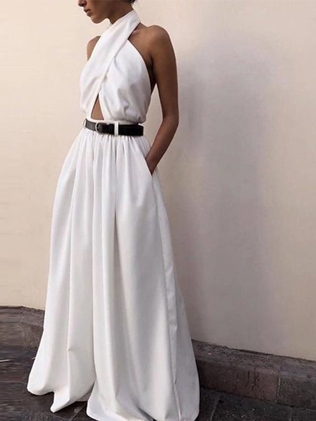  Women's Jumpsuit Backless Criss Cross Solid Color Halter Neck Elegant Prom Wide Leg Regular Fit Sleeveless White S M L Summer / Cut Out