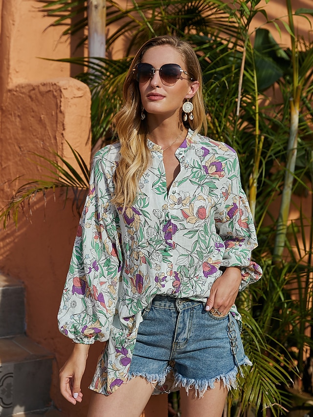  Women's Shirt Blouse Green Floral Flower Print Long Sleeve Daily Basic V Neck Regular Fit Lantern Sleeve