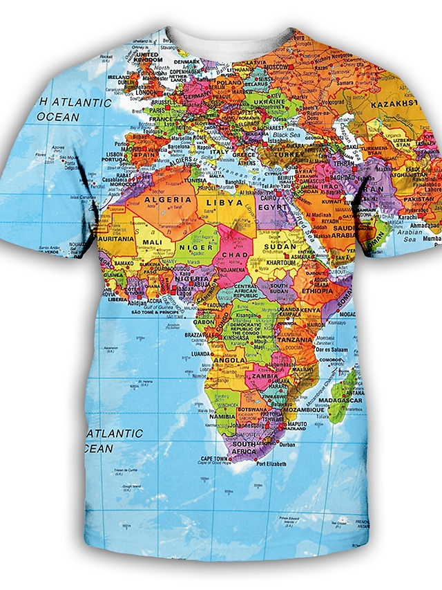  Men's Unisex Tee T shirt Tee Shirt World Map Graphic Patterned 3D Print Round Neck Party Daily Short Sleeve Print Tops Exaggerated Rainbow