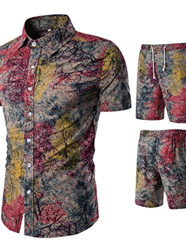  chemises d'été pour hommes ensembles de pantalons mode costume imprimé floral décontracté à manches courtes boutonné tops shorts tenue (rouge, xxxxxl)