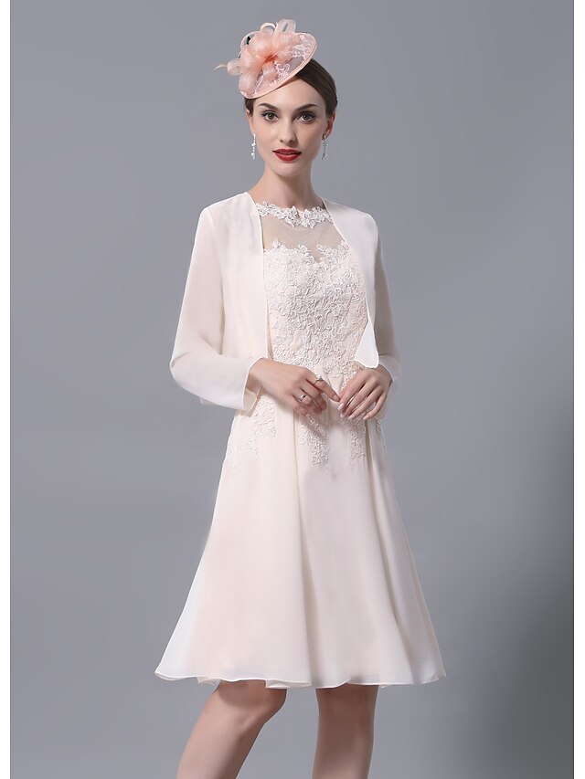  A-Line Mother of the Bride Dress Wrap Included Jewel Neck Knee Length Chiffon Lace Long Sleeve yes with Appliques Ruching 2023