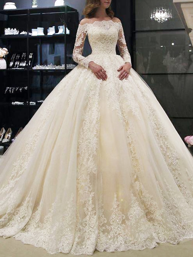  Wedding Dresses A-Line Off Shoulder Long Sleeve Court Train Lace Bridal Gowns With Crystals 2023 Summer Wedding Party, Women's Clothing