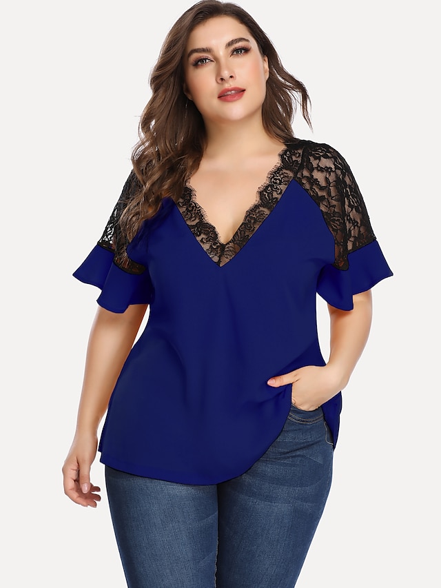 Womens Clothing Plus Size Collection | Womens Plus Size Tops Blouse Shirt Plain Patchwork Lace Trims Short Sleeve V Neck Casual 