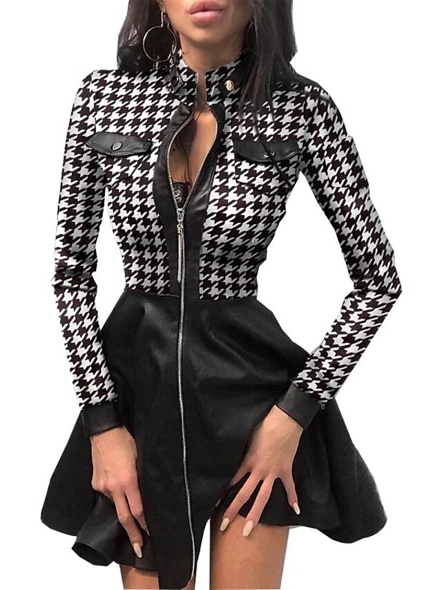 Womens Clothing Womens Dresses | Womens A Line Dress Short Mini Dress Blue White Black Long Sleeve Houndstooth Pocket Print Fall