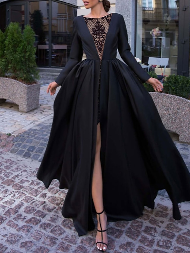  báli estélyi ruha fekete ruha vintage halloween esküvői parti söprés / ecset vonat hosszú ujjú illúzió nyak szerda addams családi szatén hasított szoknyával 2024