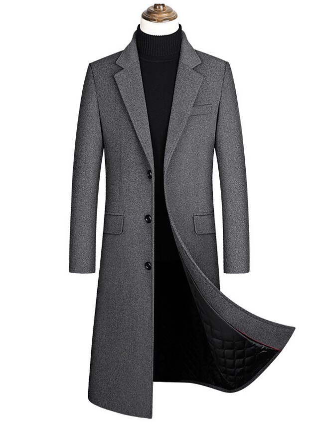  Men's Coat Long Solid Colored Daily Active Long Sleeve Wool Gray M L XL XXL