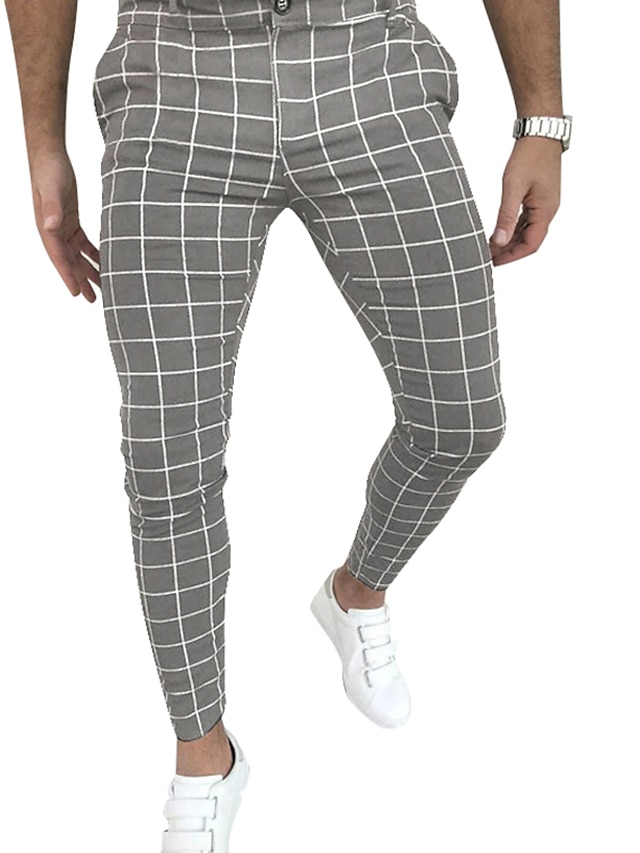 Mens Clothing Mens Bottoms | Mens Streetwear Chinos Full Length Pants Casual Going out Plaid Sports Mid Waist Slim Black Gray S 