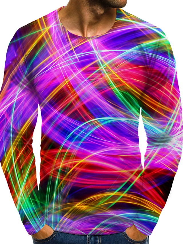  Men's T shirt Tee Graphic 3D Round Neck Rainbow 3D Print Plus Size Daily Holiday Long Sleeve Print Clothing Apparel Elegant Exaggerated