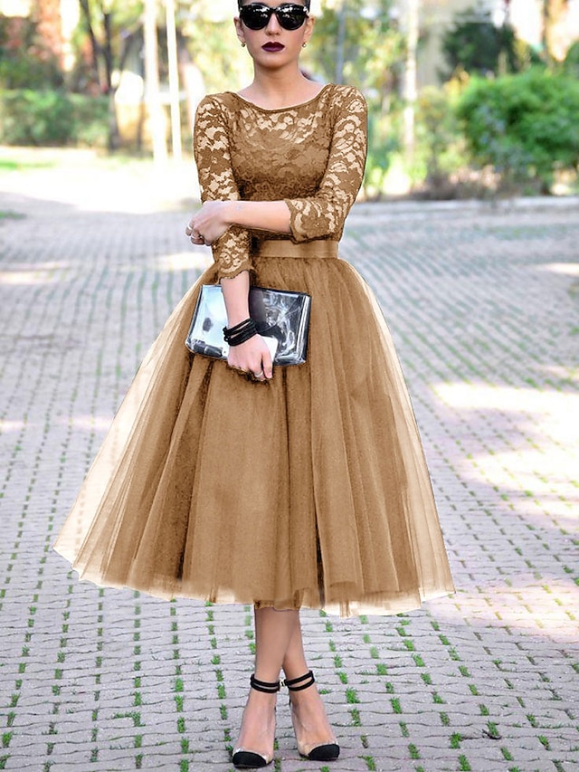  בעקבות A שמלות קוקטייל אלגנטיות שמלות באורך הקרסול עם שרוולי 3/4 צוואר יהלומים לאירועים מיוחדים תול עם קפלים להוסיף תחרה שמלות