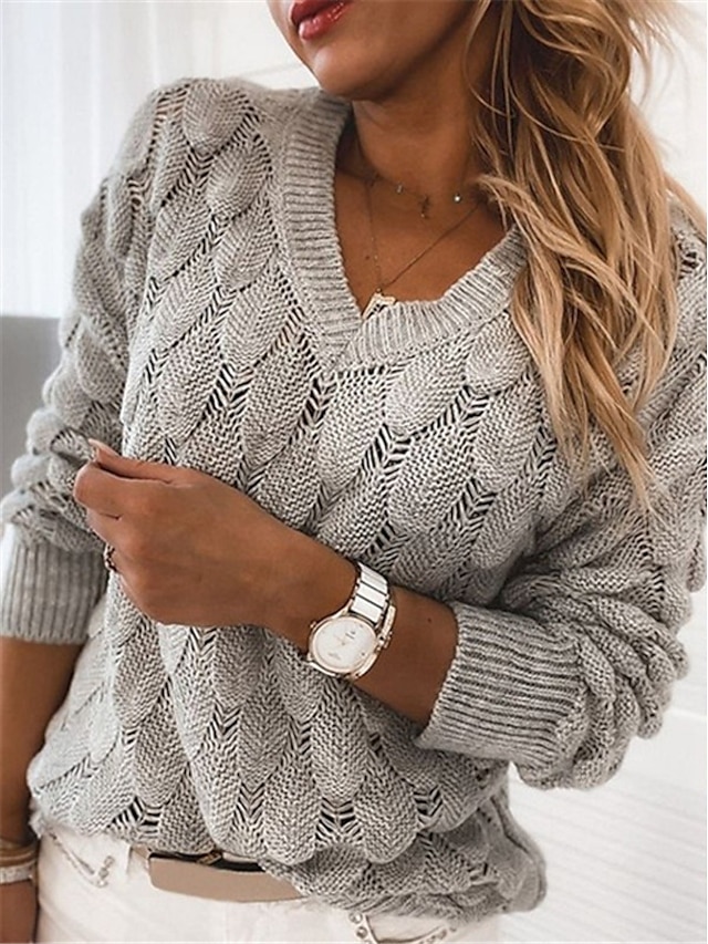 Women's Pullover Jumper Sweater Hollow Out Knitted Solid Color Stylish ...