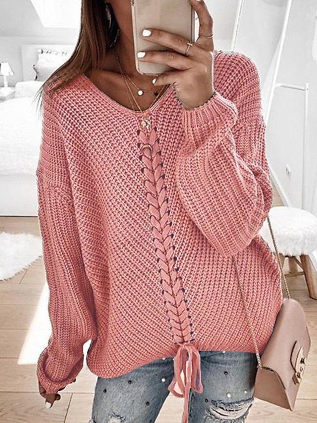  Women's Sweater Pullover Knitted Solid Color Stylish Basic Casual Long Sleeve Regular Fit Sweater Cardigans V Neck Fall Winter Spring Wine Red Black Pink / Holiday / Work