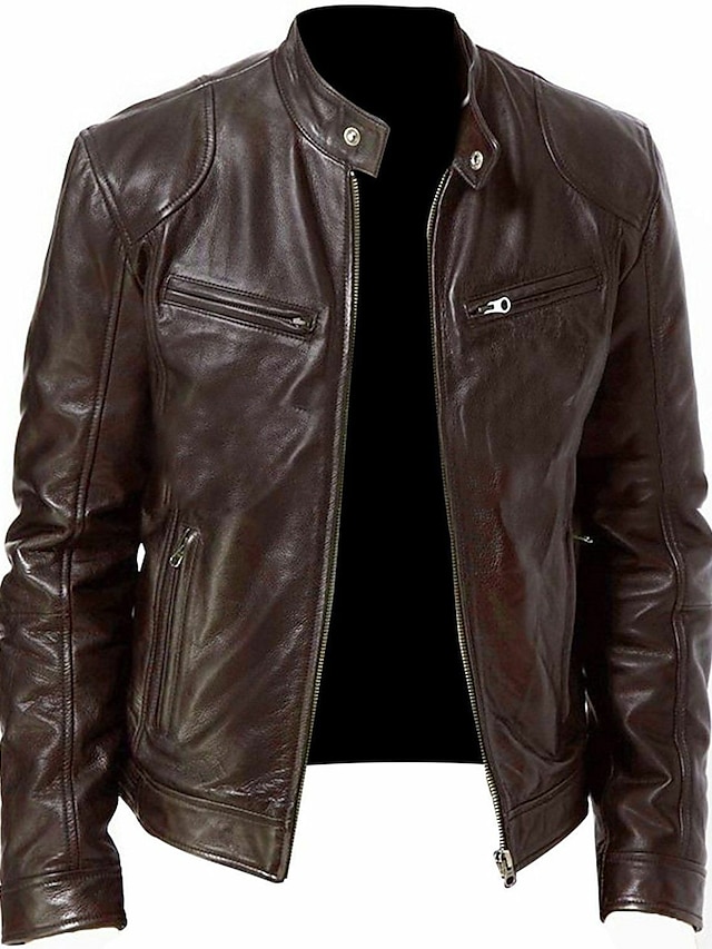  Men's Faux Leather Jacket Biker Jacket Motorcycle Jacket Thermal Warm Windproof Rain Waterproof Daily Wear Zipper Stand Collar Simple Casual Jacket Outerwear Solid Color Full Zip Black Brown
