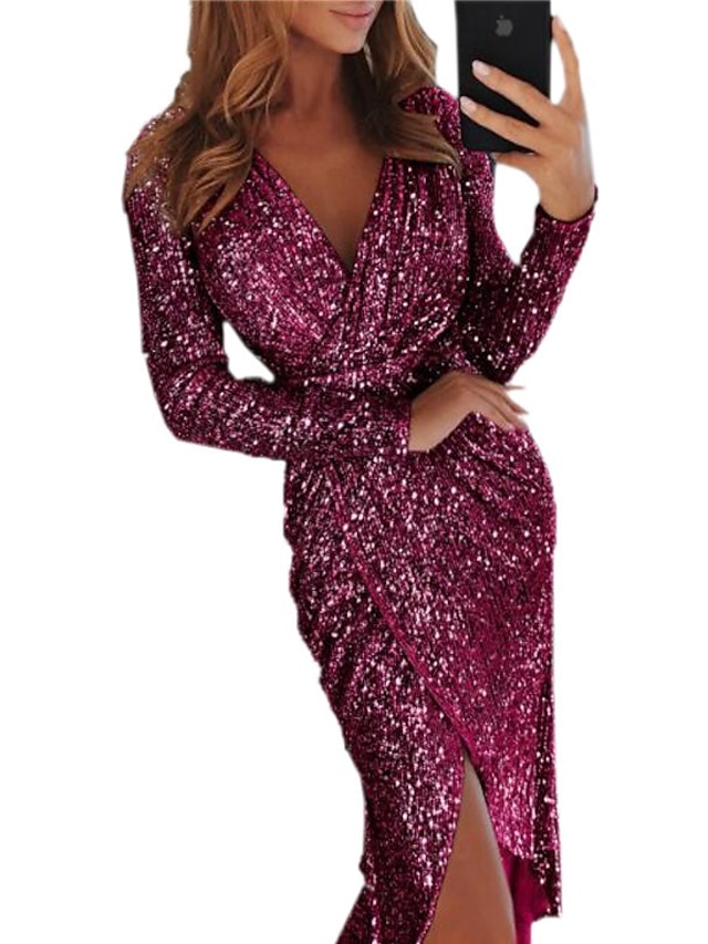 Womens Clothing Womens Dresses | Womens Sheath Dress Midi Dress Green Blue Purple Pink Gray Silver Long Sleeve Solid Color Sequi