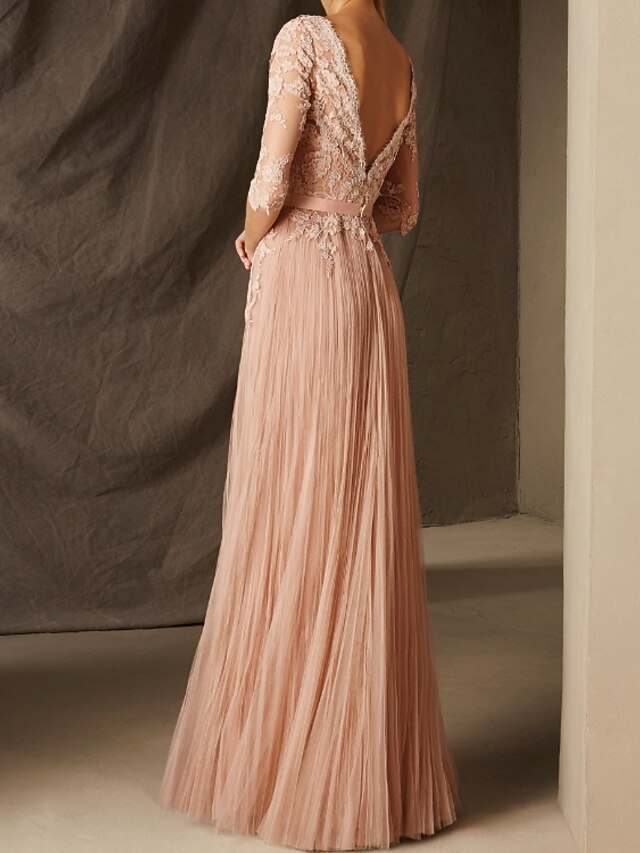 A-Line Beautiful Back Floral Engagement Formal Evening Dress Jewel Neck 3/4 Length Sleeve Floor Length Tulle with Appliques main image 1