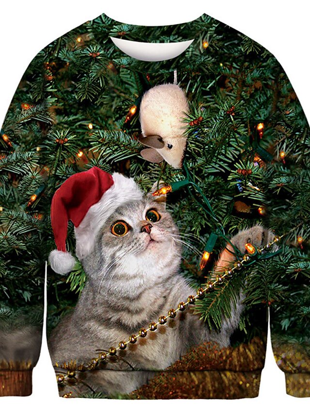  メンズプルオーバースウェットシャツ猫グラフィック醜いラウンドネックパーティーデイリー3dプリントパーティーパーカースウェットシャツ長袖グリーン