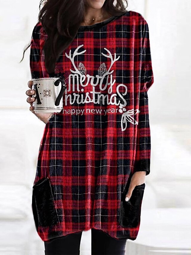  Women's Christmas T Shirt Dress Tee Dress Short Mini Dress Wine Red Long Sleeve Print Letter Fall Round Neck Casual Christmas Loose 2021 S M L XL XXL 3XL