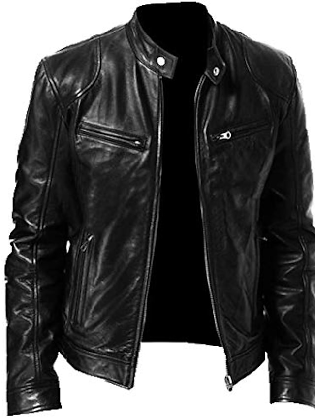  Mens Fashion Leather Jacket Slim Fit Stand Collar PU Jacket Male Anti-wind Motorcycle Lapel Diagonal Zipper Jackets