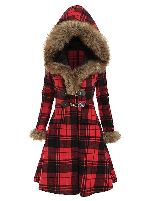 Fall Winter Long Coat Regular Fit, Red And Black Plaid Winter Coat