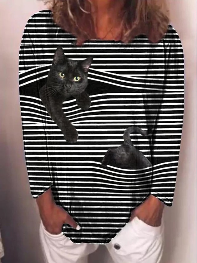  Damen T Shirt Gestreift Katze Täglich T Shirt Langarm Bedruckt Rundhalsausschnitt Basic Schwarz S / 3D-Druck