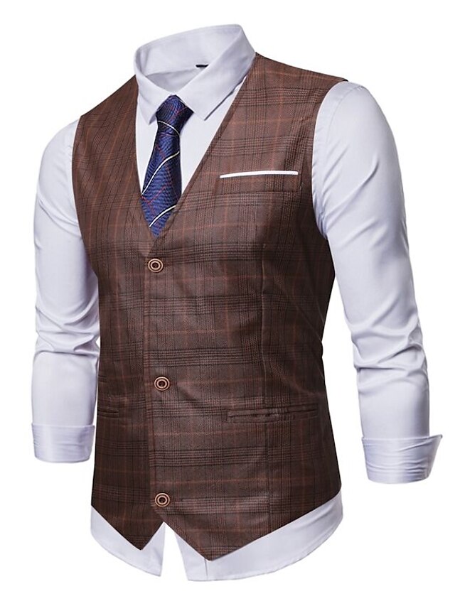  Men's V Neck Vest Regular Plaid Solid Colored Work Business Basic Patchwork Sleeveless Dark Gray / Brown S / M / L / Business Formal / Skinny