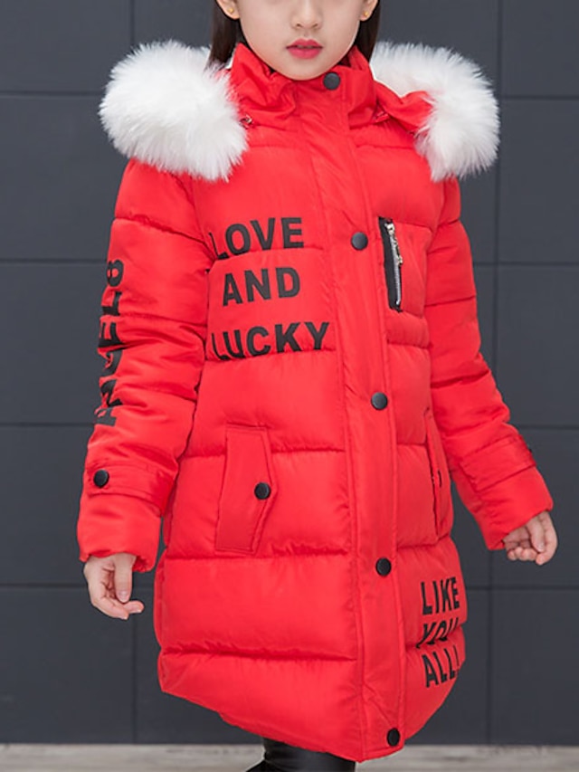  Kids Girls' Long Sleeve Down Jacket Black Pink Red Letter Active Fall Winter 3-12 Years School