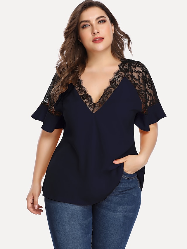 Womens Clothing Plus Size Collection | Womens Plus Size Tops Blouse Shirt Plain Patchwork Lace Trims Short Sleeve V Neck Casual 