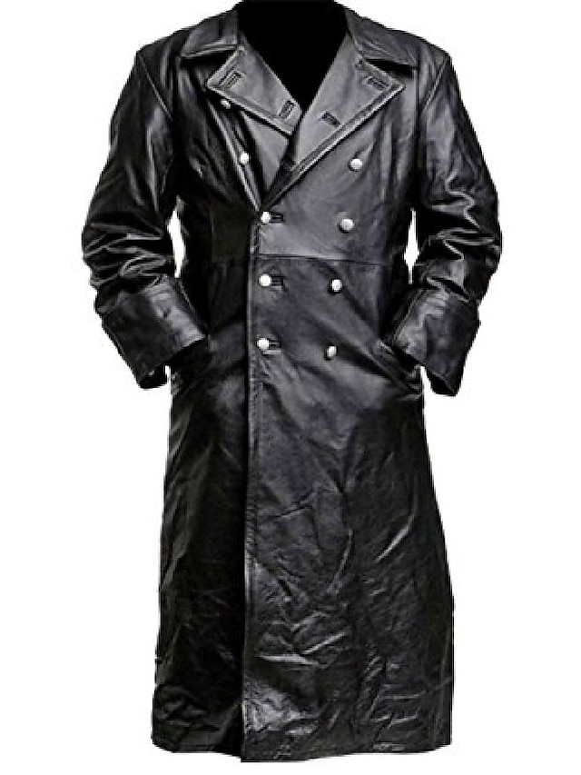  herrefrakk imitert trench skinn støvkåpe tysk klassisk offiser militær uniform svart trench coat