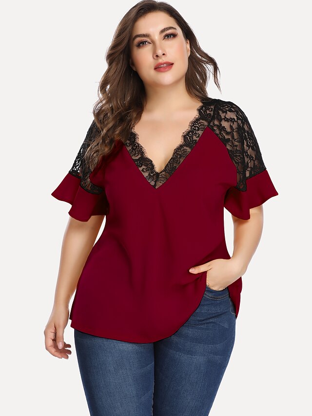 Womens Clothing Plus Size Collection | Womens Plus Size Tops Blouse Shirt Plain Patchwork Lace Trims Short Sleeve V Neck Casual 