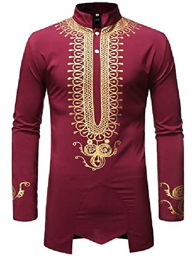 Mens Clothing Mens Shirts | Mens Traditional African Luxury Metallic Gold Printed Dashiki Shirt Wine Red Long Sleeve Party Weddi