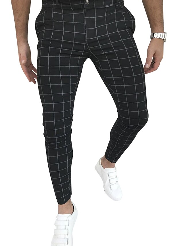 Mens Clothing Mens Bottoms | Mens Streetwear Chinos Full Length Pants Casual Going out Plaid Sports Mid Waist Slim Black Gray S 