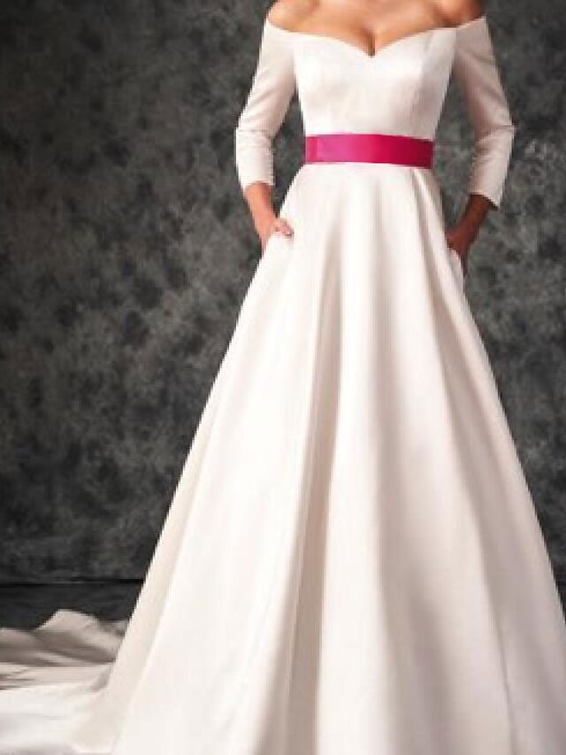  A-Line Wedding Dresses Off Shoulder Sweep / Brush Train Satin 3/4 Length Sleeve Country Plus Size with Sashes / Ribbons 2021