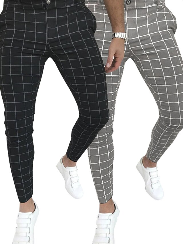 Mens Clothing Mens Bottoms | Mens Streetwear Chinos Full Length Pants Casual Going out Plaid Sports Mid Waist Slim Black Gray S 