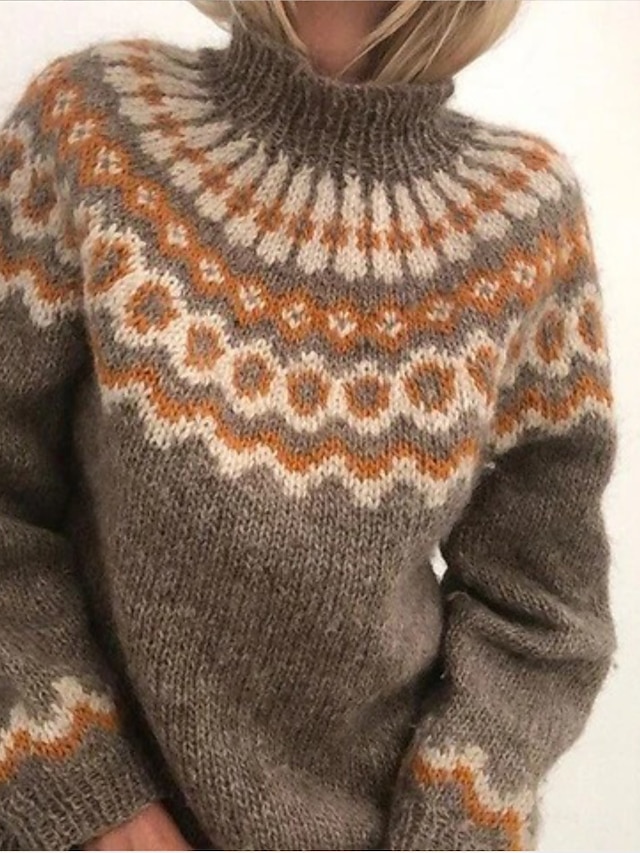  Dam Tröja Hoppare Stickat Mönster Geometrisk Stylish Grundläggande Ledigt Långärmad Normal Tröja koftor Rund hals Höst Vår Blå Grå Kaki / Helgdag