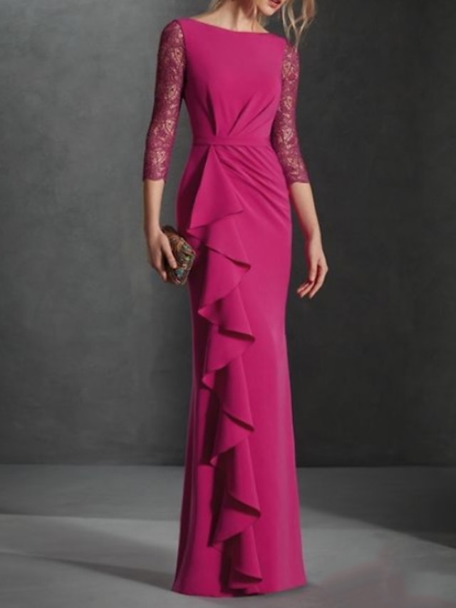  φόρεμα για πάρτι βραδινό φόρεμα με θήκη vintage φόρεμα νυφικών επισήμων καλεσμένων επίσημο βραδινό πάτωμα μήκους 3/4 μανίκι βάρκα λαιμόκοψη σατέν με βολάν 2024