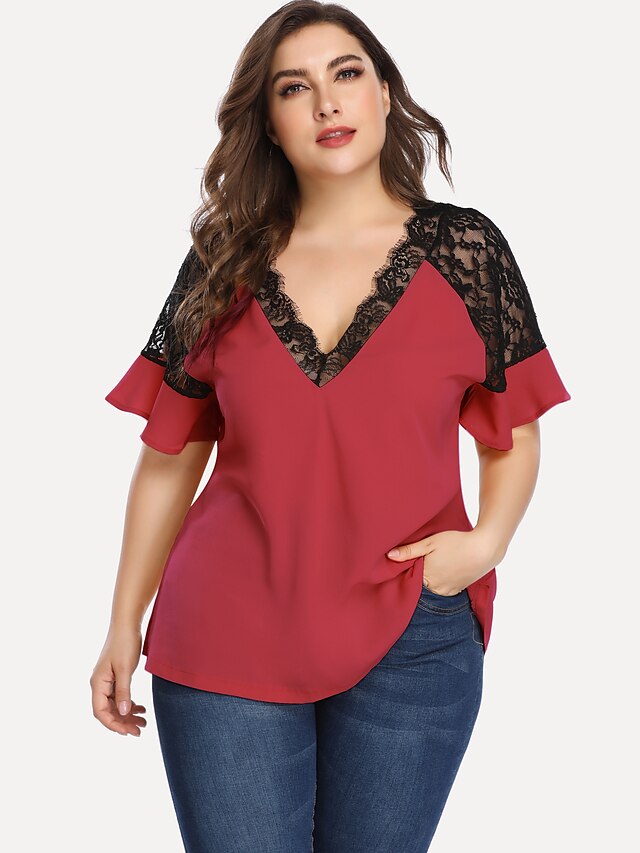 Womens Clothing Plus Size Collection | Womens Plus Size Tops Blouse Shirt Plain Patchwork Lace Trims Short Sleeve V Neck Casual 