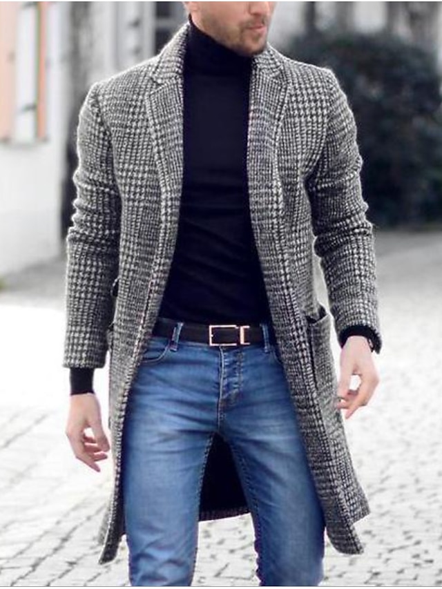  Herren Wintermantel Mantel Geschäft Casual Herbst Winter Polyester Oberbekleidung Bekleidung Hahnentrittmuster Fallendes Revers Öffnung vorne