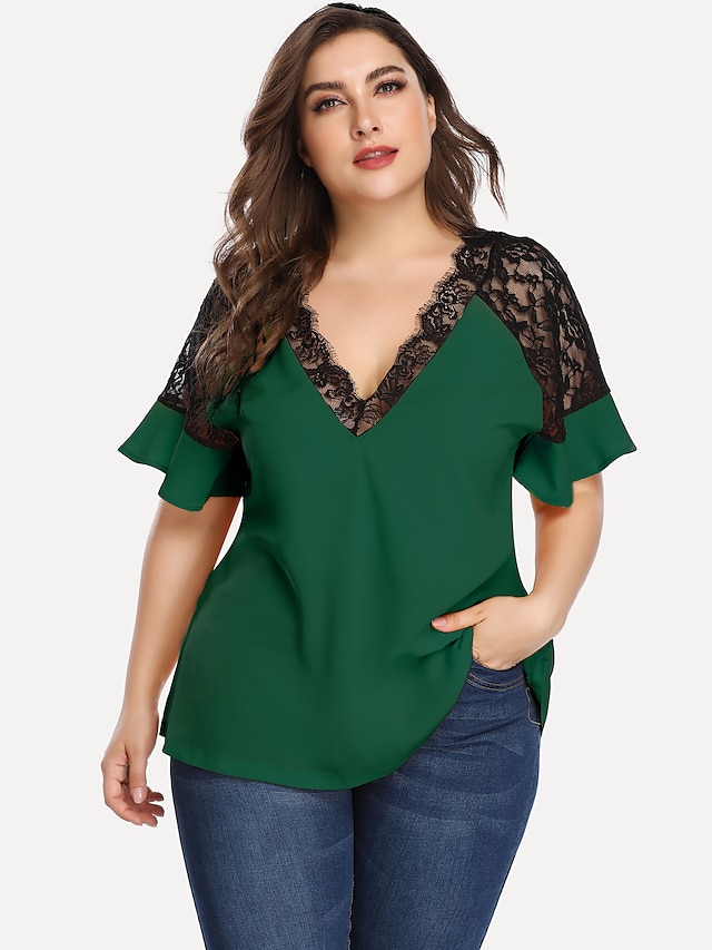 Womens Clothing Plus Size Collection | Womens Plus Size Tops Blouse Shirt Plain Patchwork Lace Trims Short Sleeve V Neck Casual 