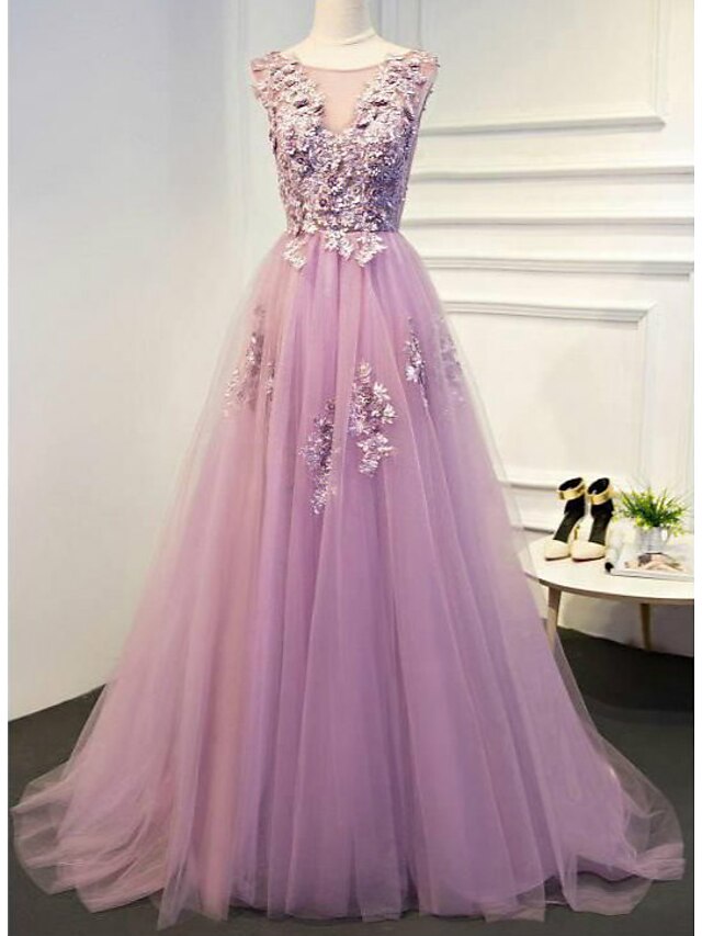  A-Line Evening Gown Empire Dress Engagement Formal Evening Floor Length Sleeveless Illusion Neck Lace with Pleats Appliques 2023