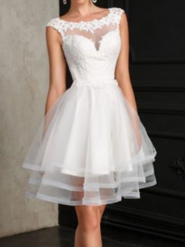 Reception Little White Dresses Wedding Dresses A-Line Illusion Neck Cap ...