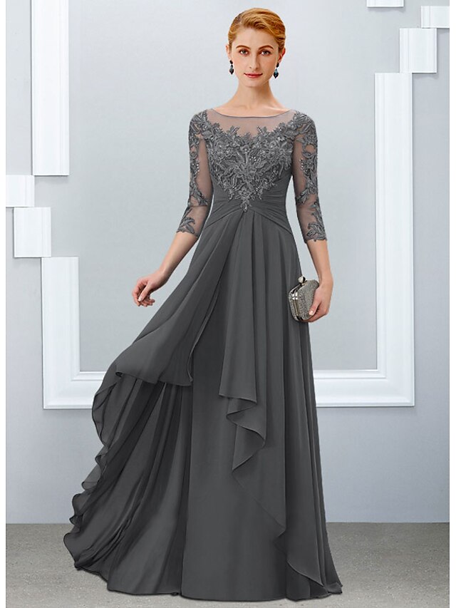 A-Line Mother of the Bride Dress Elegant Jewel Neck Floor Length ...