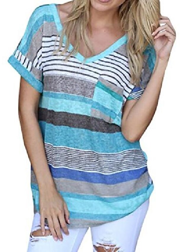  women's v-neck striped casual short sleeve t-shirt blouse tees tops blue xl