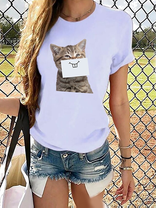  Women's Casual Daily Butterfly Theme 3D Cat T shirt Tee Cat Graphic Butterfly Short Sleeve Print Round Neck Basic Tops Loose 100% Cotton Cat White Purple S