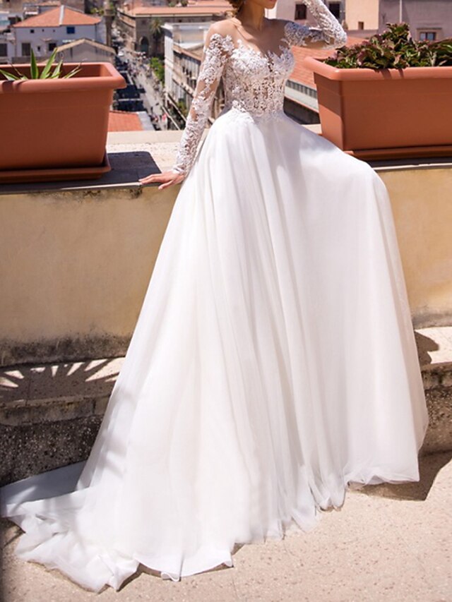 Corte A Vestidos de novia Escote en Pico Cola barrida Gasa Encaje Manga  Larga Playa con Plisado 2022 8302050 2022 – $241.49