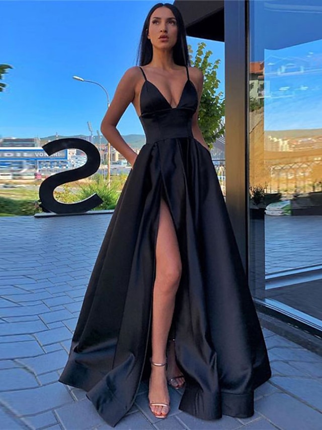  A-line černé šaty plesové šaty vysoké dělené večerní šaty formální narozeninové letní šaty špagetový pásek bez rukávů vlečka satén se záhyby dělená přední část 2022