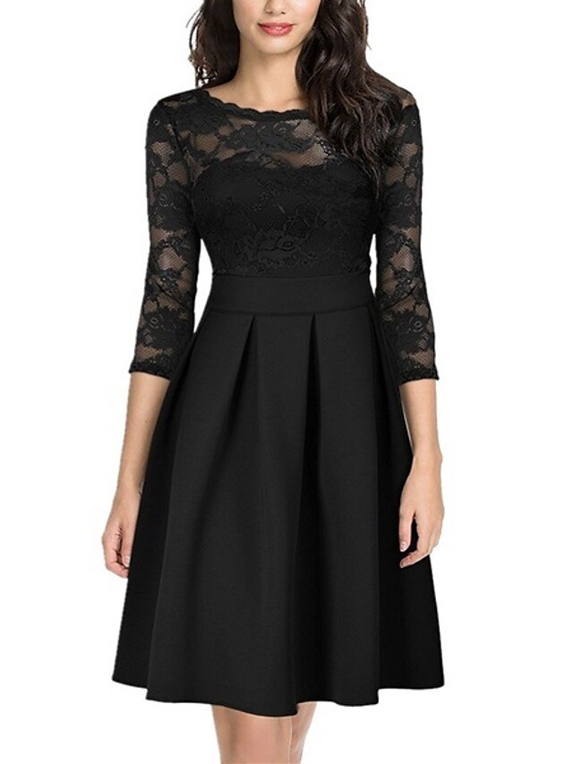  Women's A Line Dress Knee Length Dress Green Blue White Black Wine Long Sleeve Solid Color Lace Patchwork Fall Winter Round Neck Elegant Sexy Party 2022 S M L XL XXL 3XL