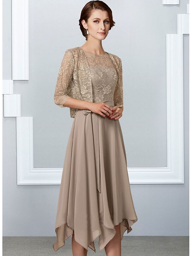 ALine Mother of the Bride Dress Elegant Jewel Neck Tea Length Chiffon