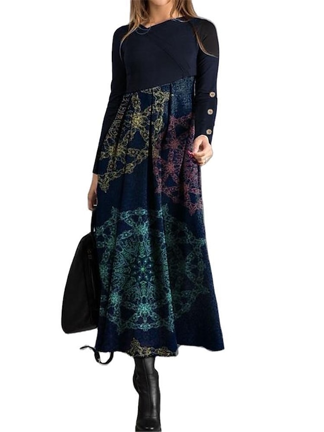 Womens Clothing Womens Dresses | Womens Swing Dress Maxi long Dress Black Dusty Blue Long Sleeve Print Patchwork Button Print Fa